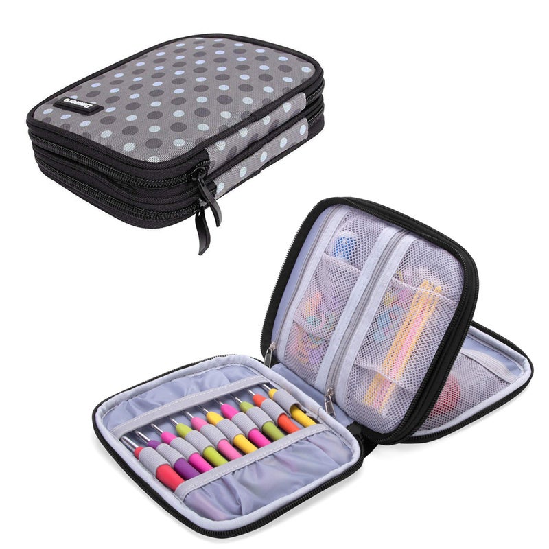 Damero Crochet Hook Case, Organizer Zipper Bag with Web Pockets for Various Crochet Needles and Knitting Accessories, Well Made and Easy to Carry, Medium, Gray Dots (No Accessories Included) - Image 1